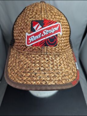 Vintage Red Stripe Beer Hat Straw Mesh SnapBack Trucker